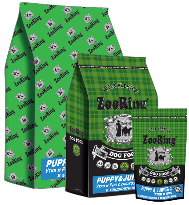 Корм ZooRing Puppy & Junior 2 для щенков и юниоров средних и крупных пород с 4 до 12-18 месяцев (Утка и рис) с глюкозамином и хондроитином